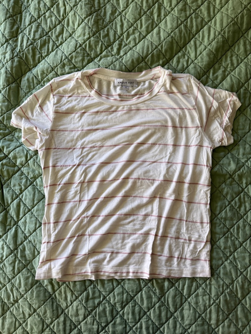Amour Vert White Tee with Pale Pink Stripes